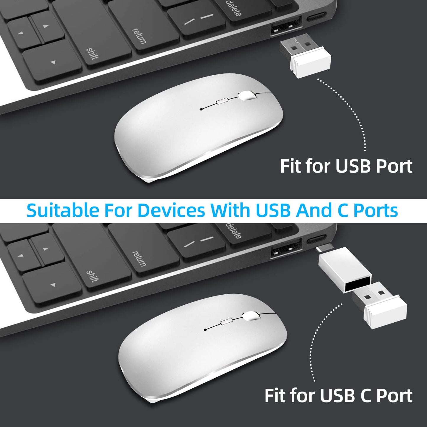 Wireless Mouse 2.4 GHz with USB Receiver for Laptop Computer Rechargeable Wireless Mouse Compatible with Apple MacBook Air/Pro, iPad, Mac, Chromebook, PC, with USB C Adapter (White Silver)