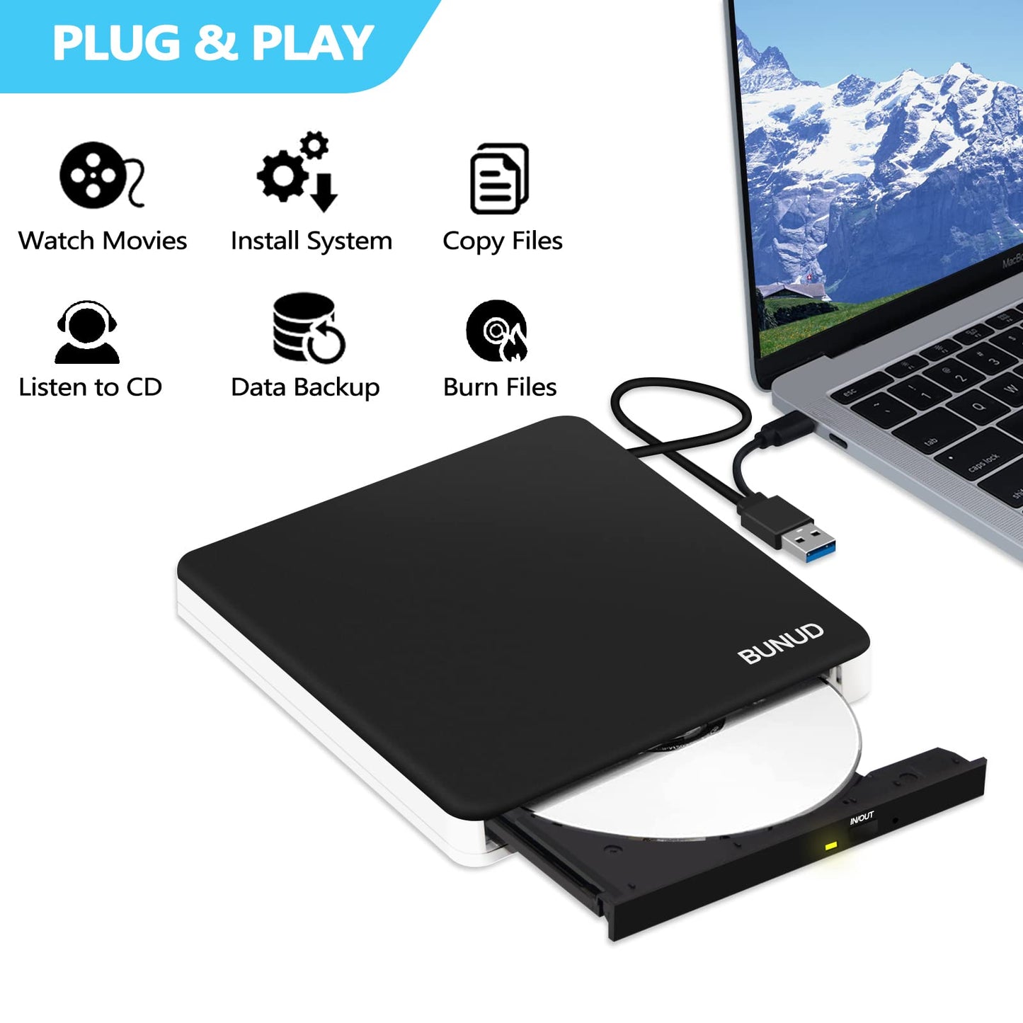 External CD DVD Drive, USB 3.0 & Type-C CD/DVD RW ROM Burner Rewriter Writer Reader with SD/TF & 2 USB, Slim Optical DVD Player for Laptop PC Windows 11/10 Computer Mac Macbook Pro Air iMac Apple