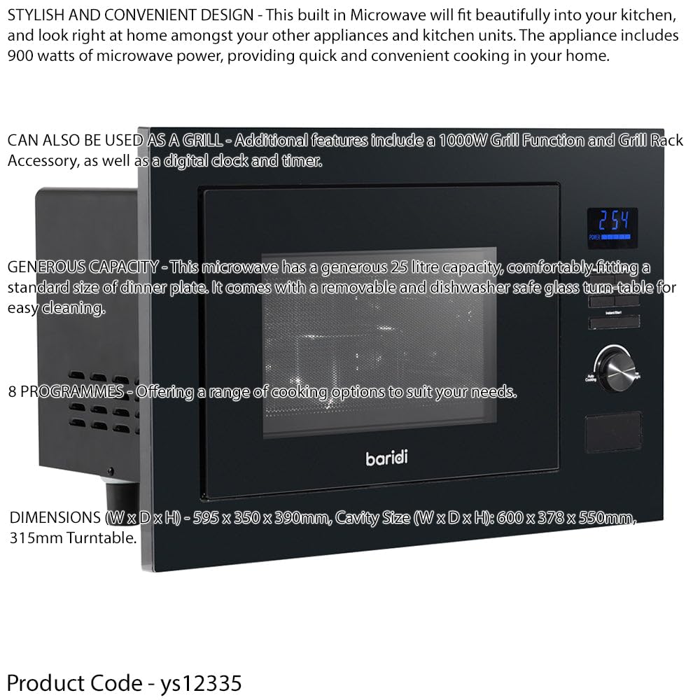 900W Integrated Microwave Oven & Grill - 25L Wall Mounted Black 595x350x390mm