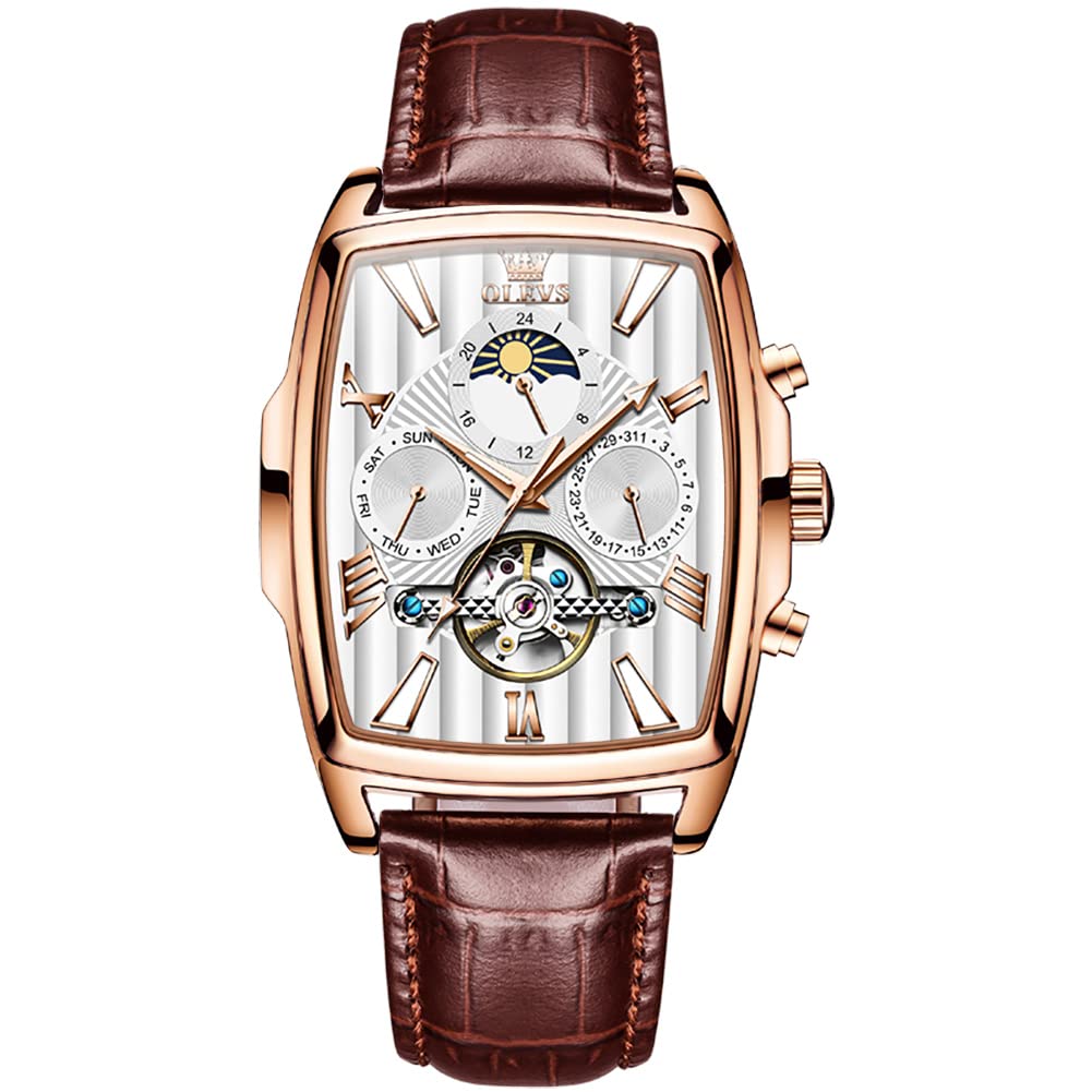 OLEVS Men's Watch Designer Square Luxury Automatic Self Winding Skeleton Brown Breathable Leather Strap Dress Multi-Calendar Waterproof Moon Phase Stylish Suitable Gift