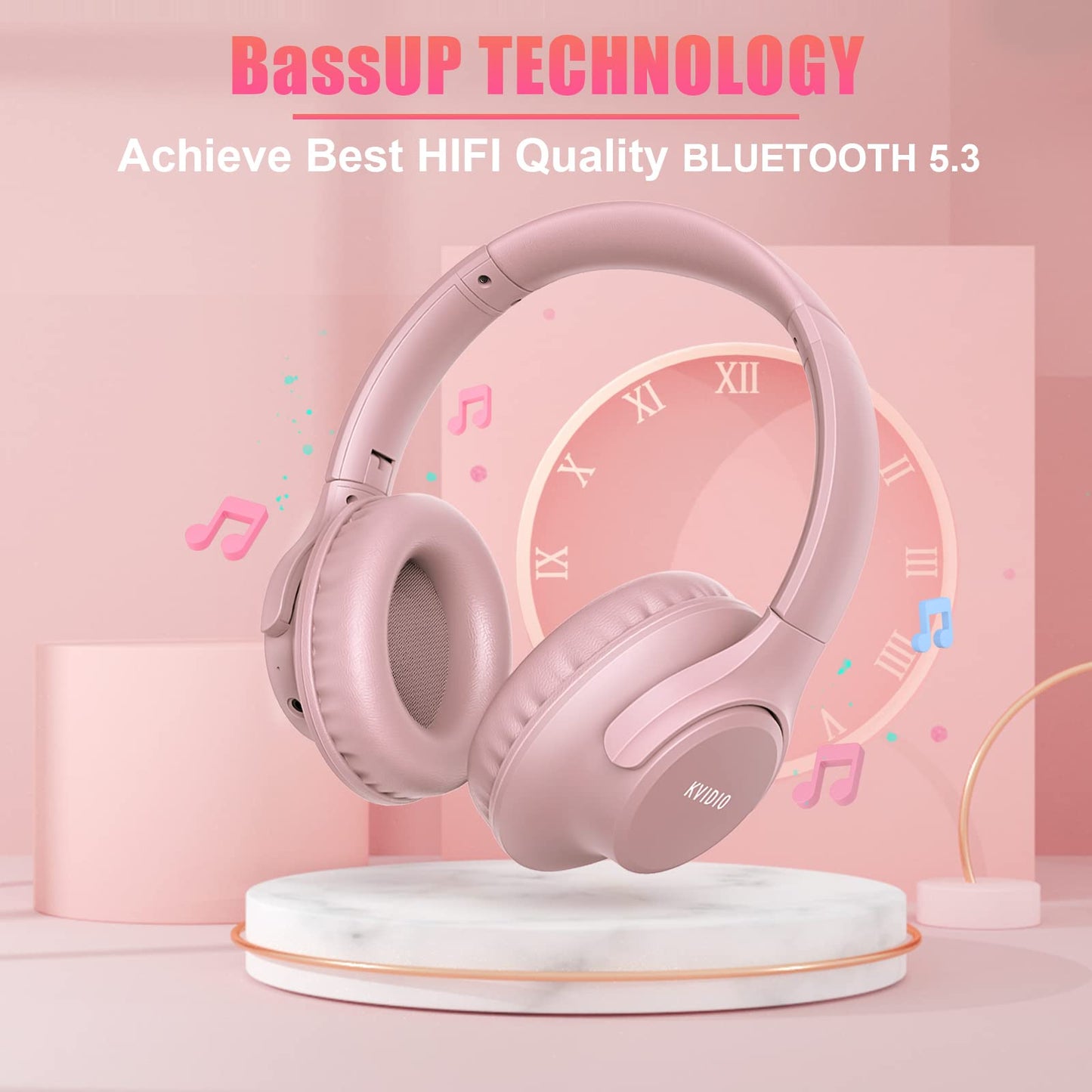 KVIDIO Bluetooth Headphones Over Ear, 65 Hours Playtime Wireless Headphones with Microphone, Foldable Lightweight Headset with Deep Bass,HiFi Stereo Sound for Travel Work PC Cellphone (Pink)