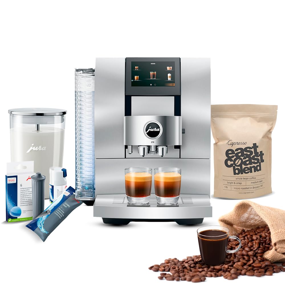 Jura Z10 Coffee Machine Aluminum White Bundle with Filter Cartridge Water Stabilizer, Milk System Cleaner Mini-Tabs, Cleaning Tablets, Milk Containers, and Blend Whole Bean Coffee (6 Items)