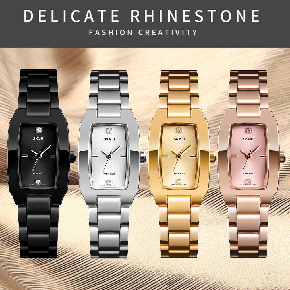 SKMEI Watches for Women Ladies Female Simple Square Stainless Luxury Fashion Small Slim Analog Quartz Waterproof Dress Casual Wife Girls Gifts Gold Wrist Watch, L1400gold, Dress