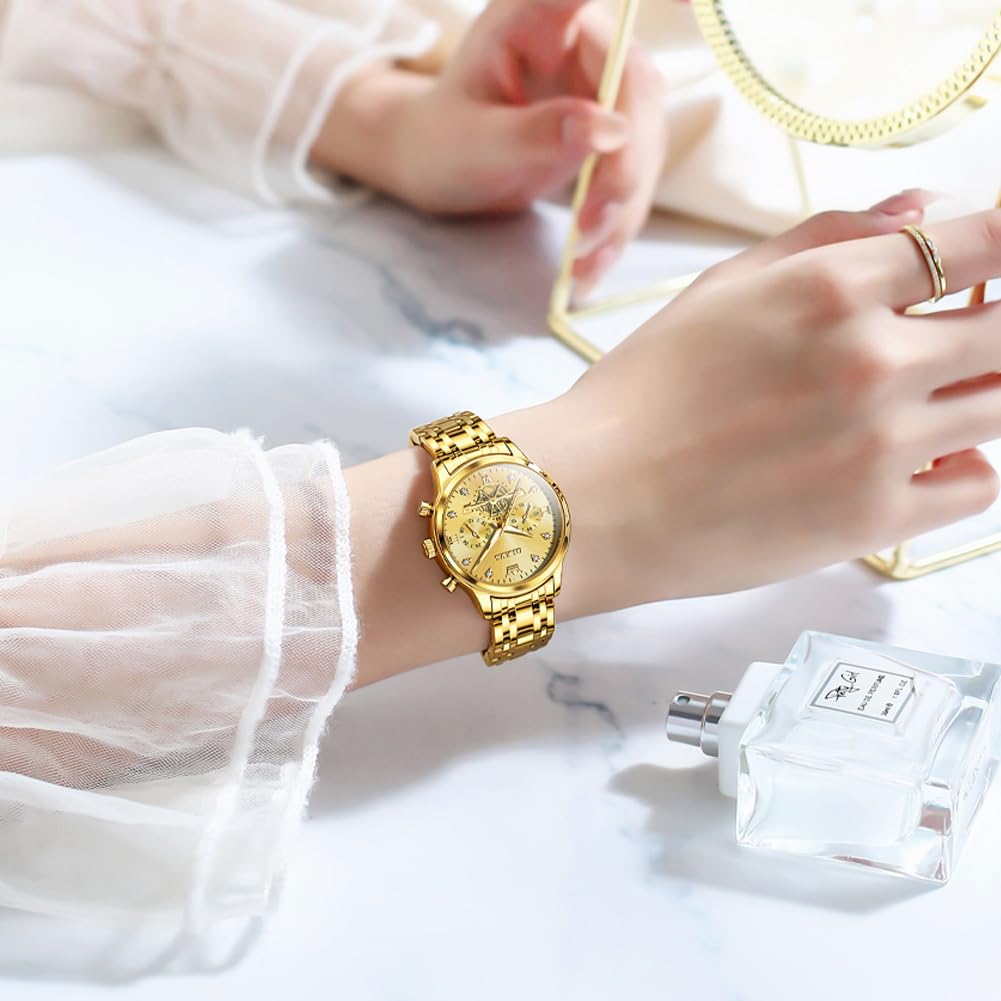 OLEVS Womens Watches Fashion Luxury Diamond Ladies Wrist Watch Stainless Steel Waterproof Luminous, 2897: Gold strap & gold dial, Classic
