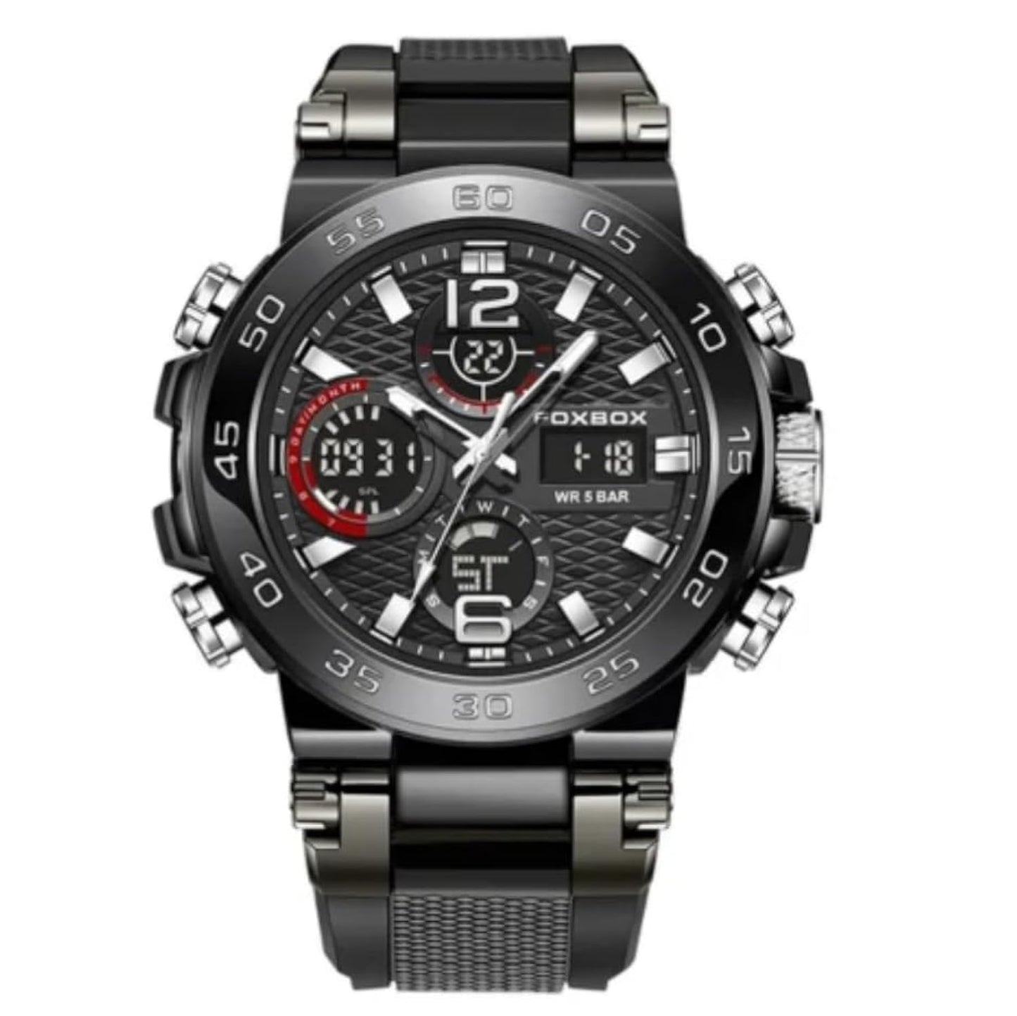 Kara Nicole Mens Diver Sports Wristwatch Digital Analog Quartz LED Waterproof Luxury Watches Duel Time Silicone Strap Stainless Steel Case Black
