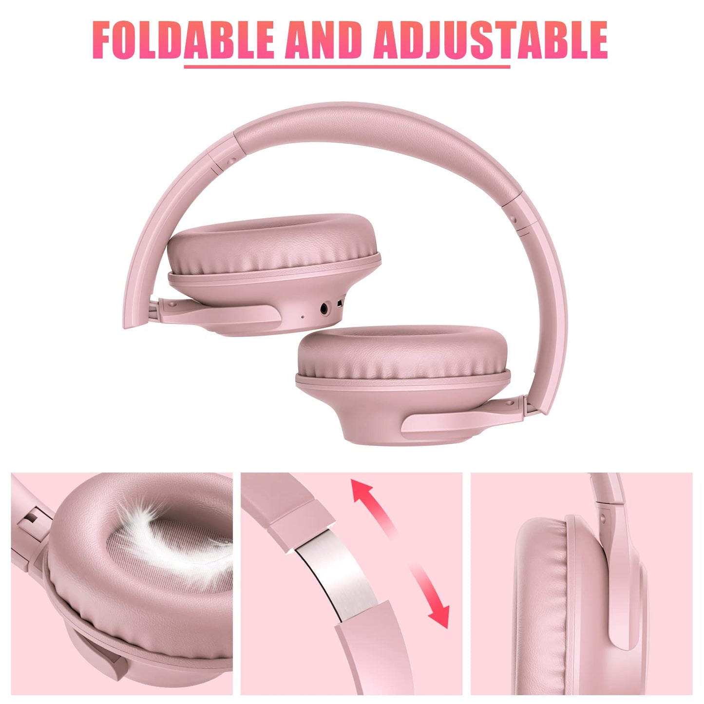 KVIDIO Bluetooth Headphones Over Ear, 65 Hours Playtime Wireless Headphones with Microphone, Foldable Lightweight Headset with Deep Bass,HiFi Stereo Sound for Travel Work PC Cellphone (Pink)