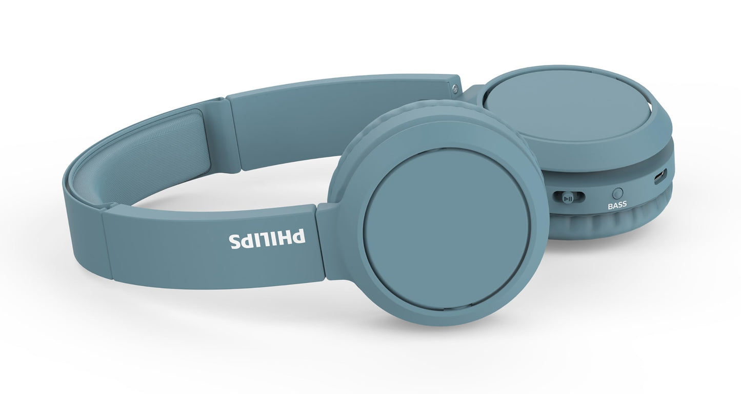 Philips On-Ear Headphones H4205BL/00 with Bass Boost Button (Bluetooth, 29 Hours Playback Time, Quick Charging Feature, Noise Isolating, Flat Folding), Matte Blue - Model, On-Ear