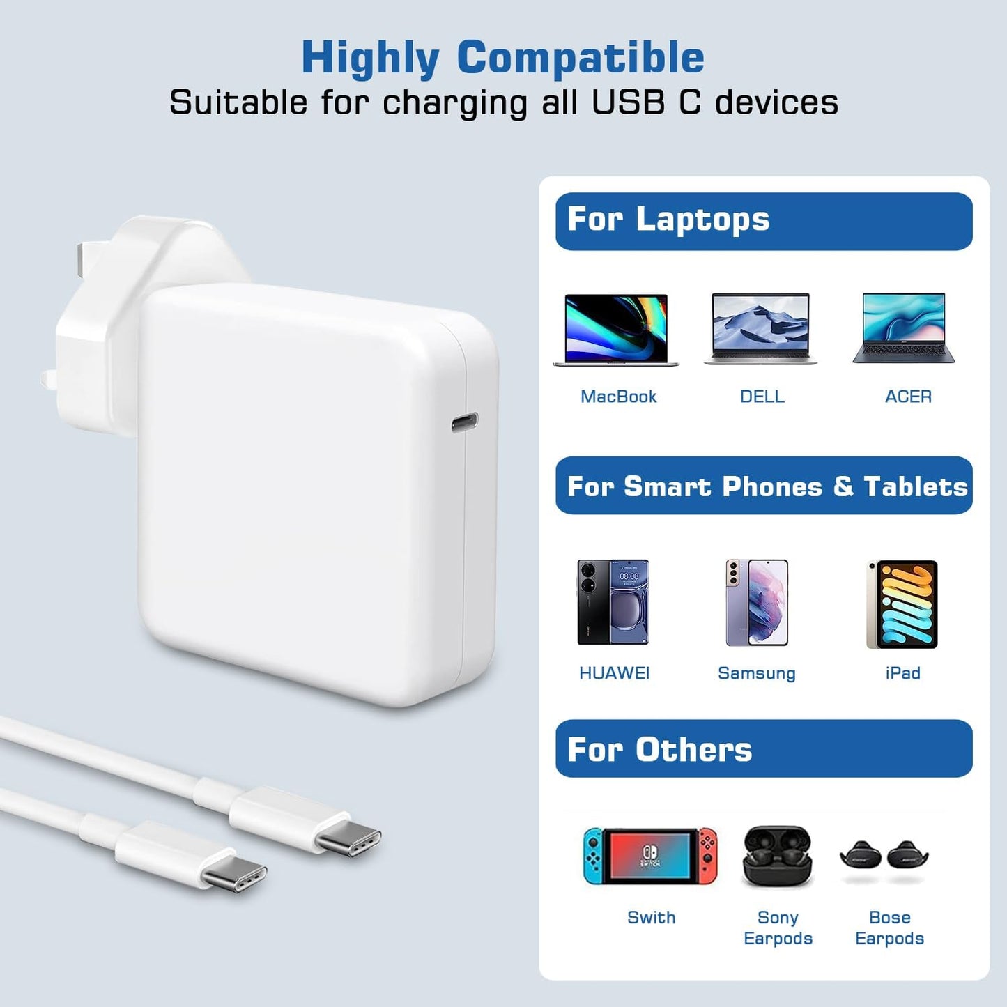 96W Mac Book Pro Laptop Charger, USB-C Charger Power Adapter for Mac Book Pro 16, 15, 14, 13 Inch, Mac Book Air 13 Inch, iPad Pro 2023/2022/2021/2020/2019, Included 6ft/1.8m USB C to C