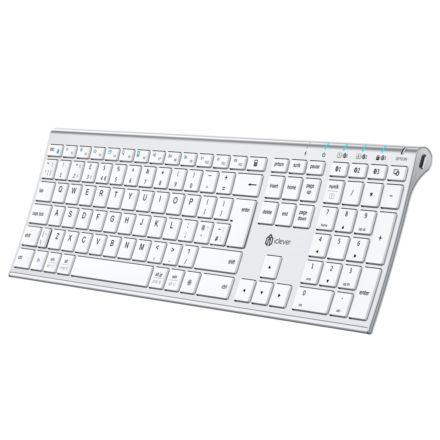 iClever Bluetooth Keyboard, USB-C Rechargeable Wireless Keyboard, Multi-Device Full Size with Numeric Keypad for Mac, Bluetooth 5.1 up to 3 Devices, QWERTY UK Layout, for Laptop/Mac/iMac/Computer/PC