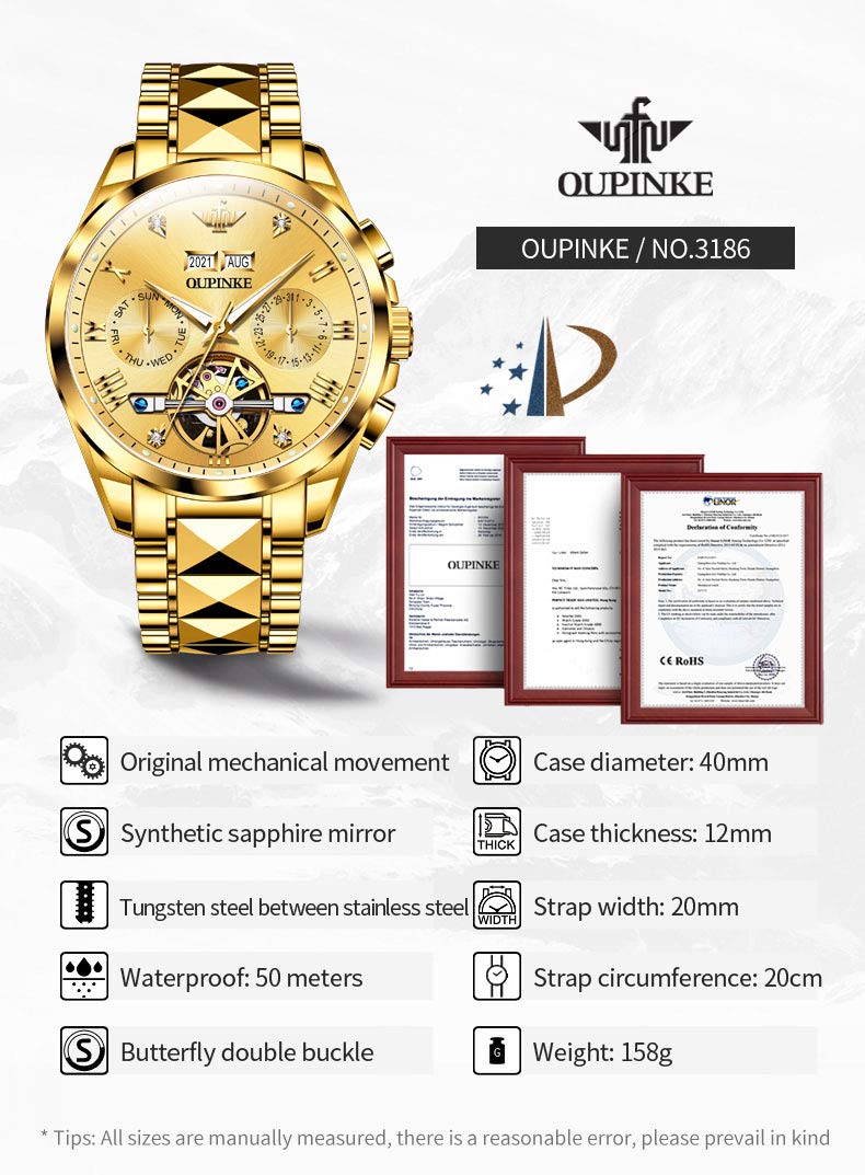 OLEVS Automatic Watch for Men Self Winding Tourbillon Mechanical Business Luxury Gold Face Waterproof Luminous Sapphire Crystal Wrist Watch