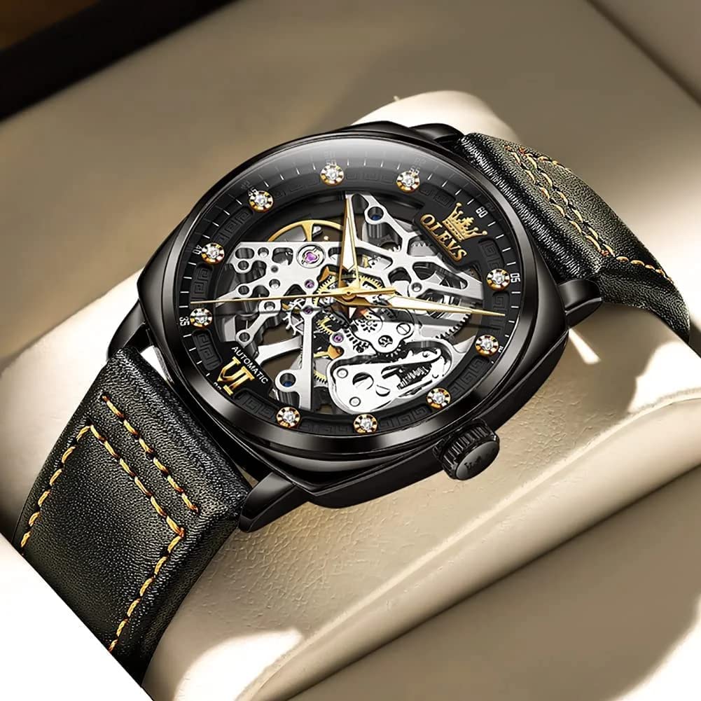 OLEVS Automatic Men Watch Designer Skeleton Self Winding Mechanical Luxury Stylish Leather Strap Luminous Water Proof Wrist Watch