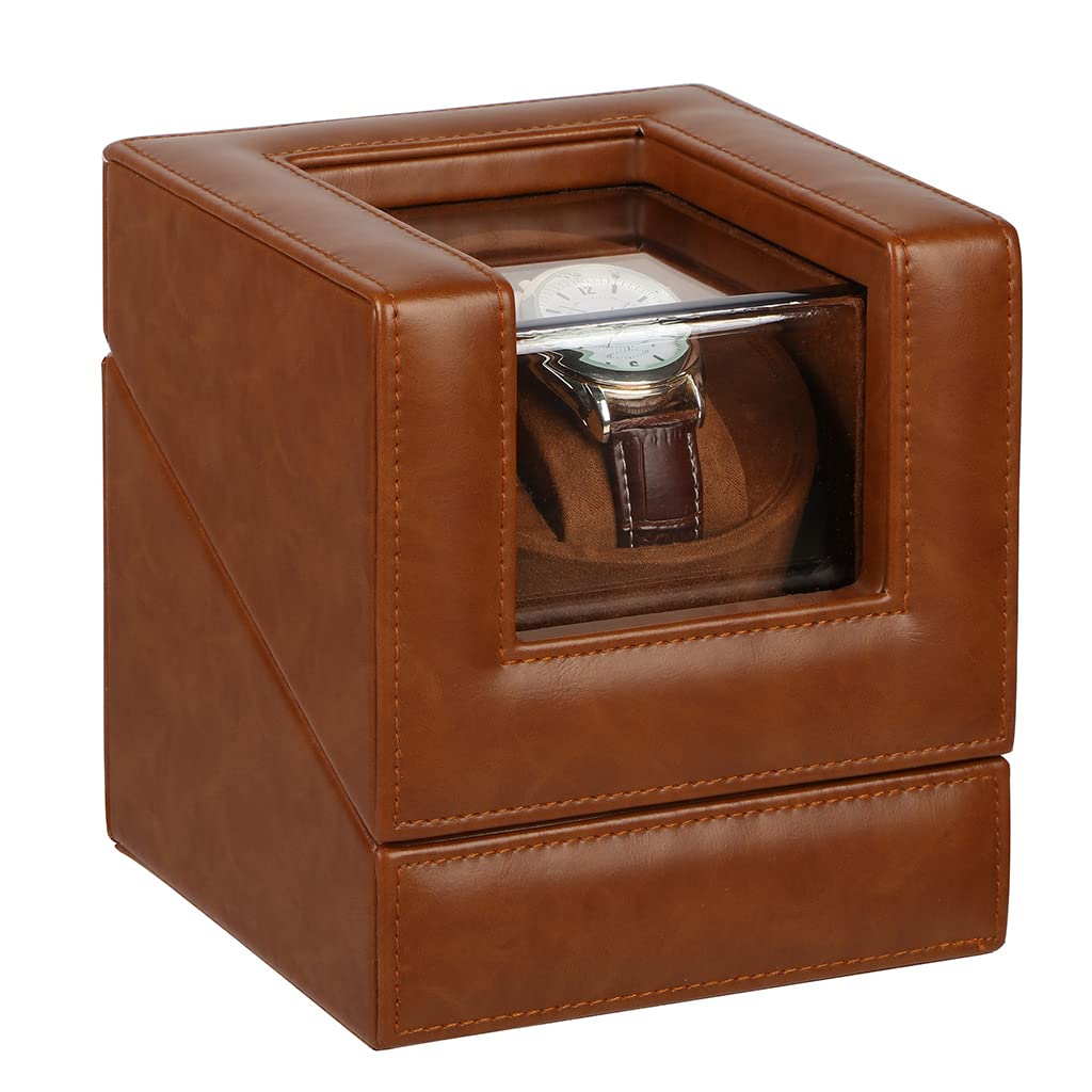 Luxury Watch Box Display Case Vegan Faux Leather-Bound Watch Roll Case Single Compartment Tabletop Watch Box with Clear Display Lid (Light Brown)