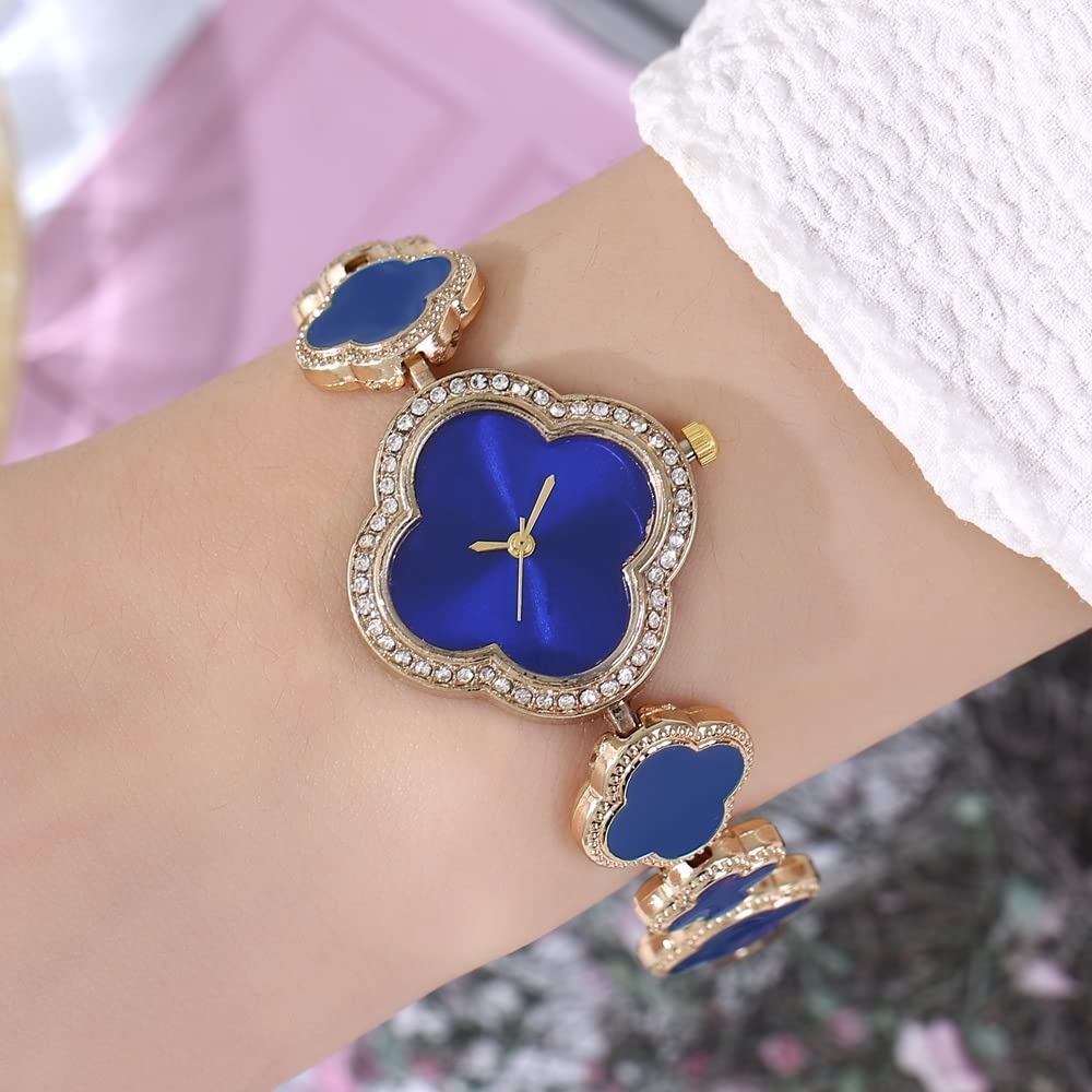 TEEORO Four Leaf Grass Bracelet Watch, Women's Luxury Wristband Watch Stainless Steel Quartz Wristwatch Fashion Wrist Strap Bangle (Black)