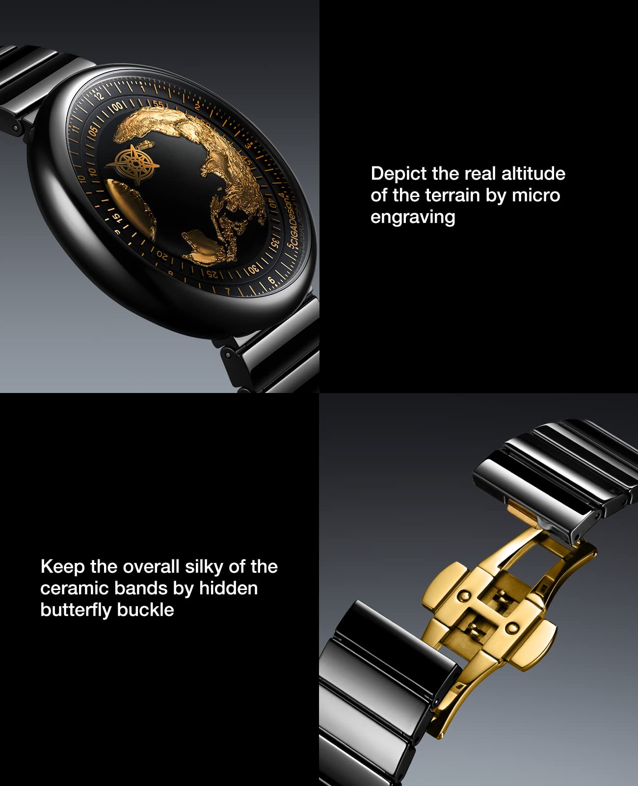 CIGA Design Mechanical Automatic Watch - Blue Planet Gilded Age U Series Wristwatch Round Ceramic Case Sapphire Crystal for Men and Women with Fluororubber Strap