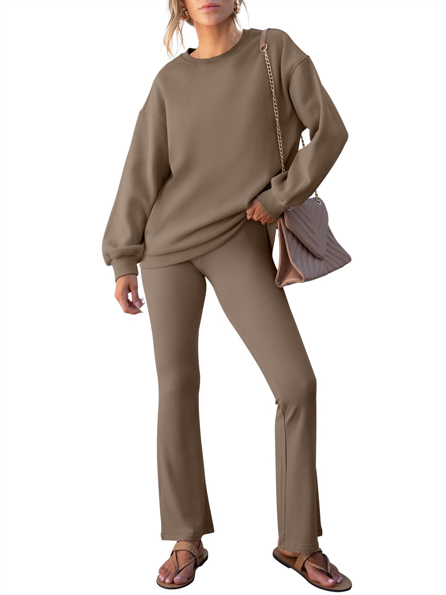 ANRABESS Women 2 Piece Sweatsuits Lounge Set Oversized Fleece Crewneck Sweatshirts Flare Pants 2024 Fall Outfits Clothes Sets, Brown, M