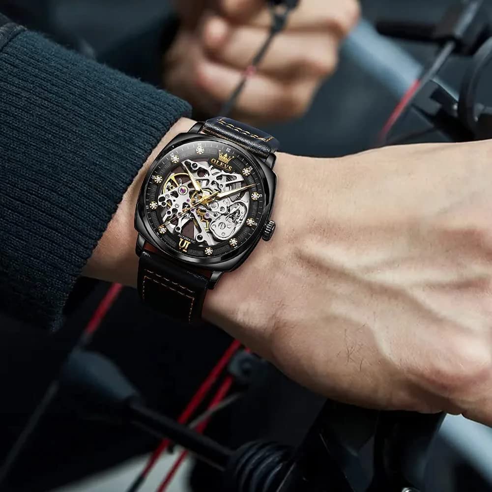 OLEVS Automatic Men Watch Designer Skeleton Self Winding Mechanical Luxury Stylish Leather Strap Luminous Water Proof Wrist Watch