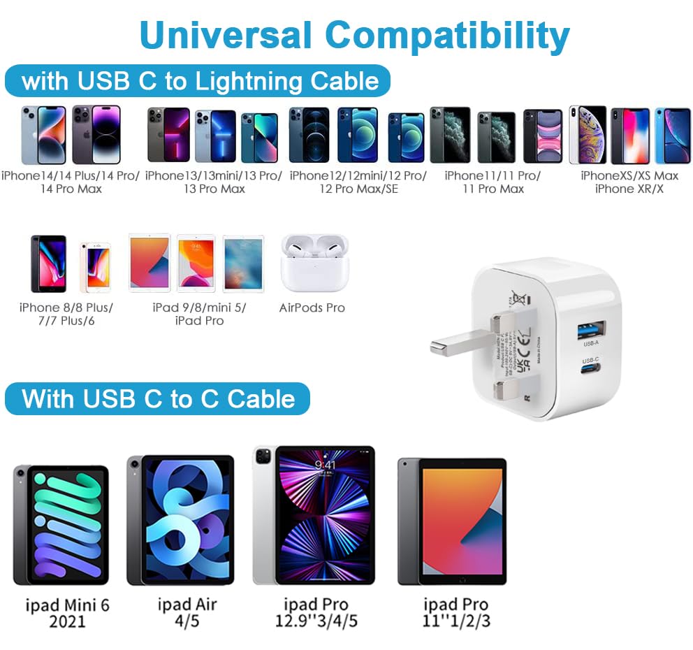 USB C Fast Charge Plug,Dual Port Apple iPhone 16/15/15 Pro Max Micro USB Plug Type C Wall Charger Plug Adapter UK for iPhone 14/14 Pro/14 Pro Max/13/13 Pro/13 Pro Max/12/12 Pro Max/11 Pro/iPad