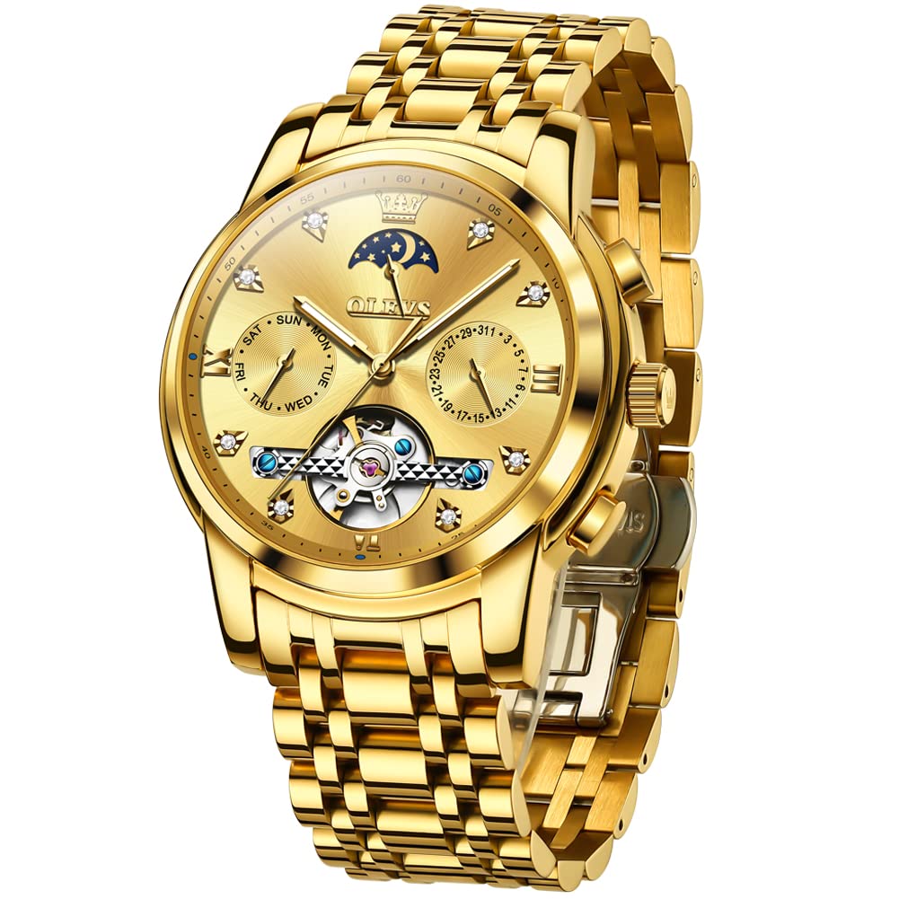 OLEVS Men Automatic Watch Gold Watch Skeleton Luxury Dress Stainless Steel Strap 5 Hands Moon Phase Diamond Men Wrist Watches