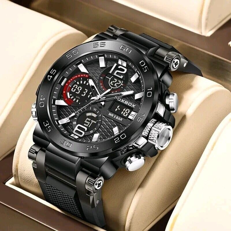 Kara Nicole Mens Diver Sports Wristwatch Digital Analog Quartz LED Waterproof Luxury Watches Duel Time Silicone Strap Stainless Steel Case Black