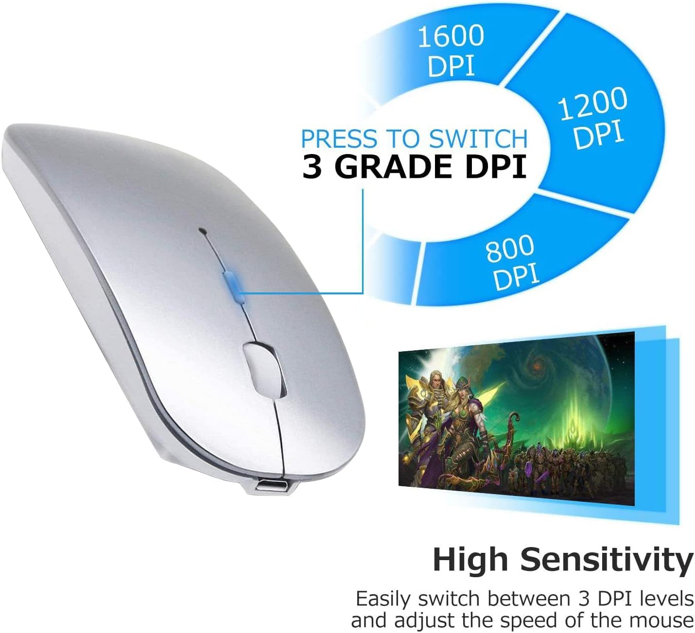LEAPEST Wireless Bluetooth Mouse for MacBook Pro/Air/Mac/iPad/Laptop/Desktop/Mac/PC/Computer/Phone-Portable Slim Silent Office Mice with USB-C Adapter 2.4 GHz USB Mice (WhiteSilver)