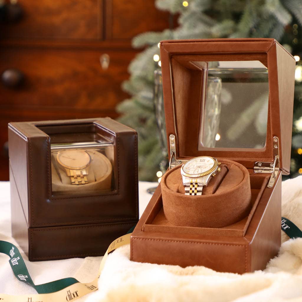Luxury Watch Box Display Case Vegan Faux Leather-Bound Watch Roll Case Single Compartment Tabletop Watch Box with Clear Display Lid (Light Brown)