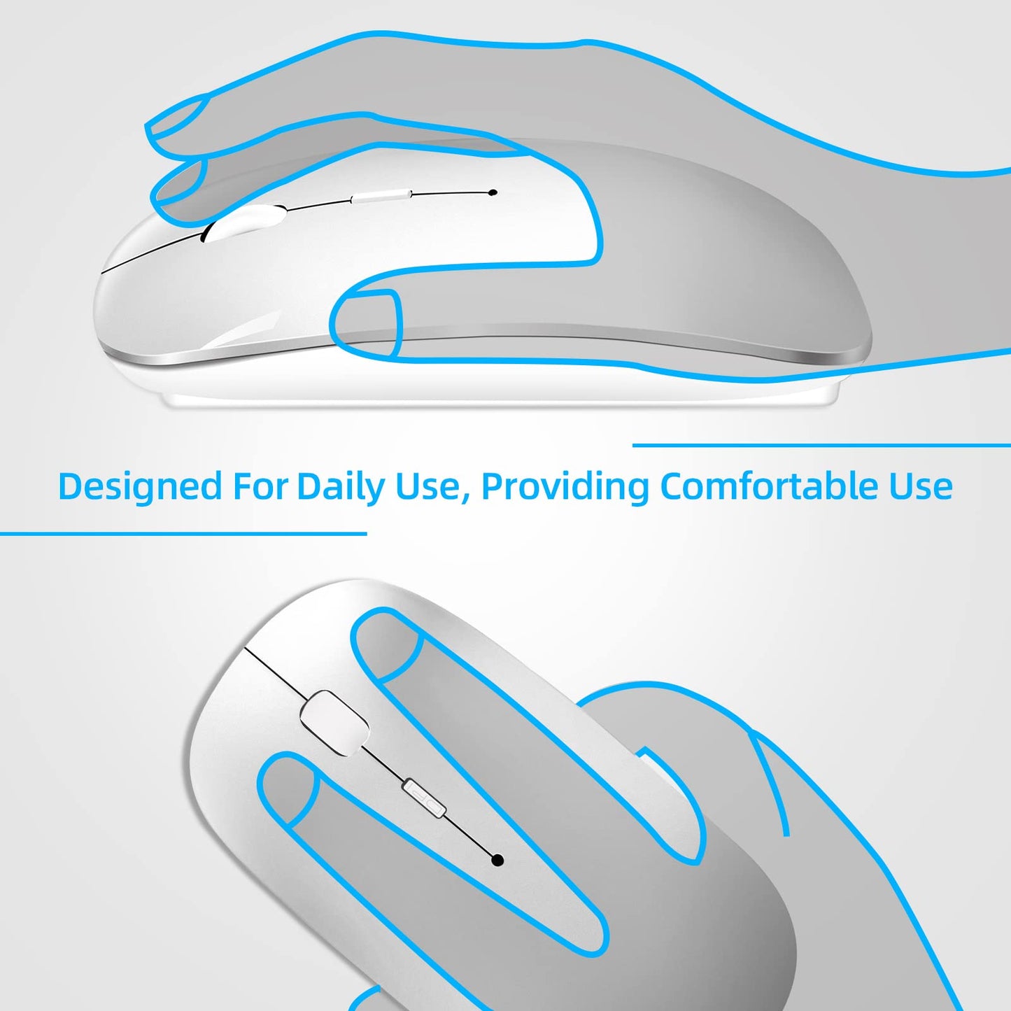 Wireless Mouse 2.4 GHz with USB Receiver for Laptop Computer Rechargeable Wireless Mouse Compatible with Apple MacBook Air/Pro, iPad, Mac, Chromebook, PC, with USB C Adapter (White Silver)