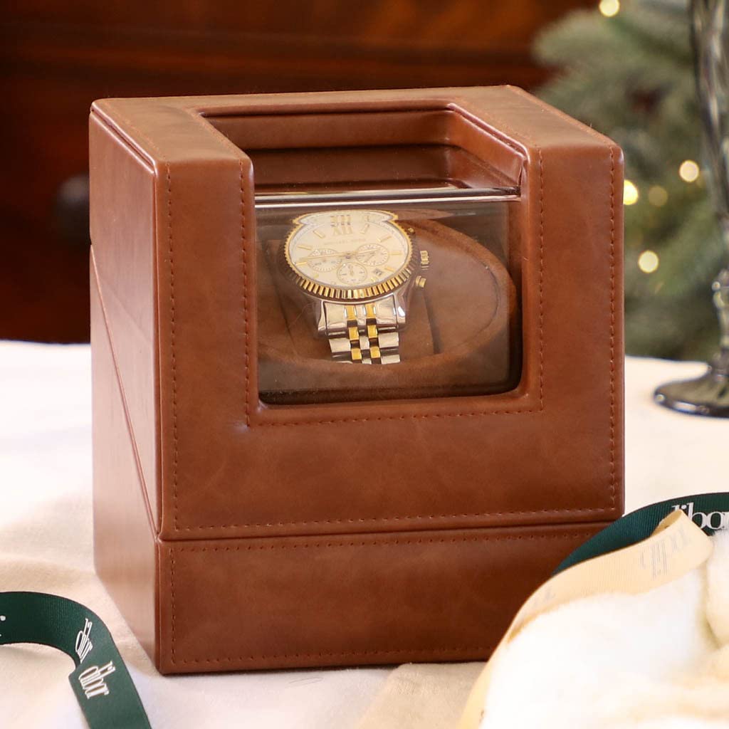 Luxury Watch Box Display Case Vegan Faux Leather-Bound Watch Roll Case Single Compartment Tabletop Watch Box with Clear Display Lid (Light Brown)