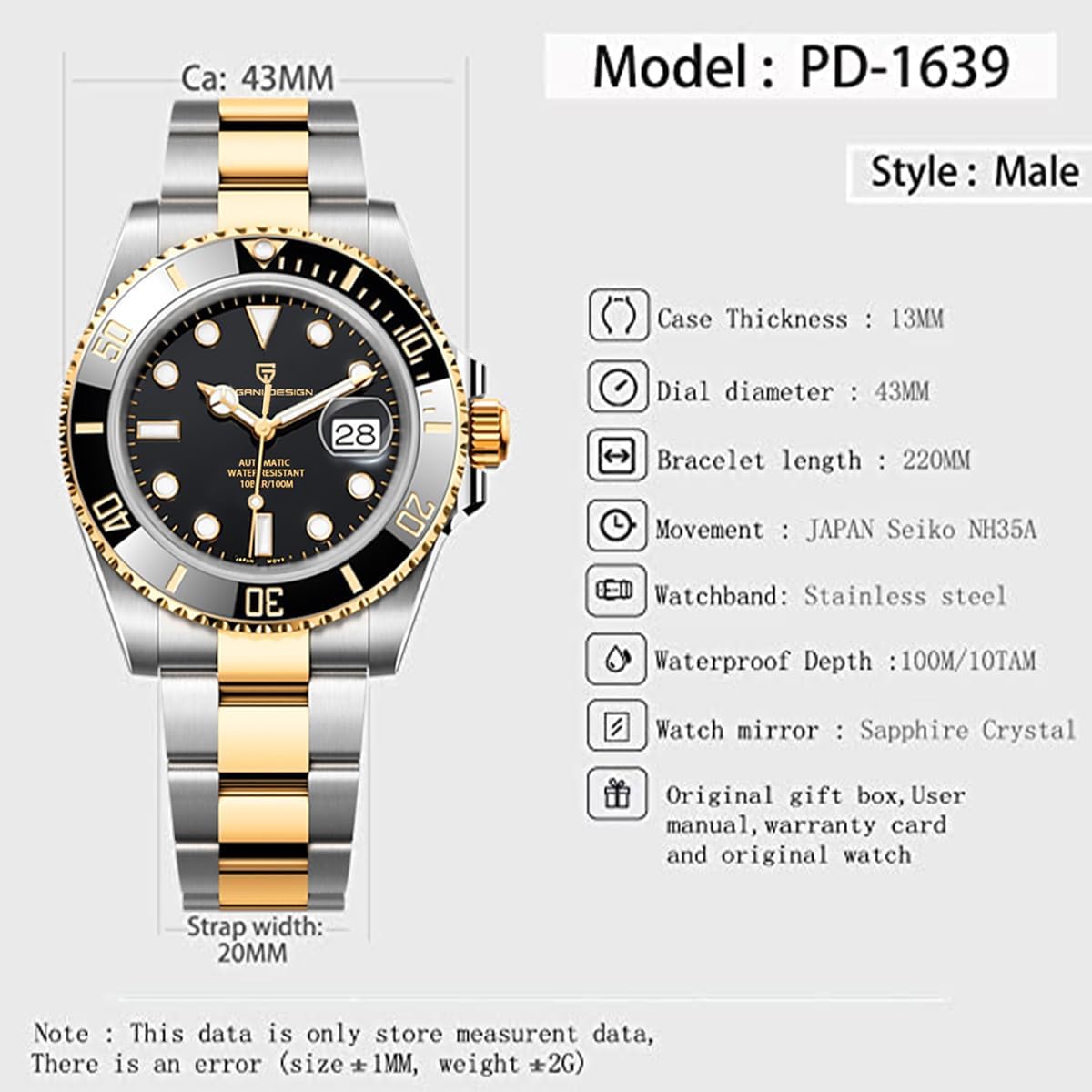 Pagani Design Men's Automatic Watch NH35 Ceramic Bezel Sapphire Glass Analogue 100 m Waterproof Men's Watch Calendar Diving Watch Stainless Steel Watch, Steel Band Gold Black, Classic