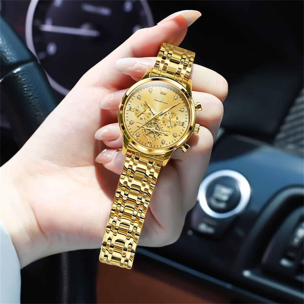 OLEVS Womens Watches Fashion Luxury Diamond Ladies Wrist Watch Stainless Steel Waterproof Luminous, 2897: Gold strap & gold dial, Classic