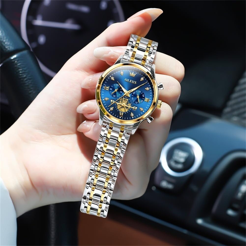 OLEVS Women Quartz Watches Luxury Casual Dress Elegant Wrist Watches Two Tone Stainless Steel Watches with Blue Black White Dial Diamond Waterproof Luminous Ladies Watch