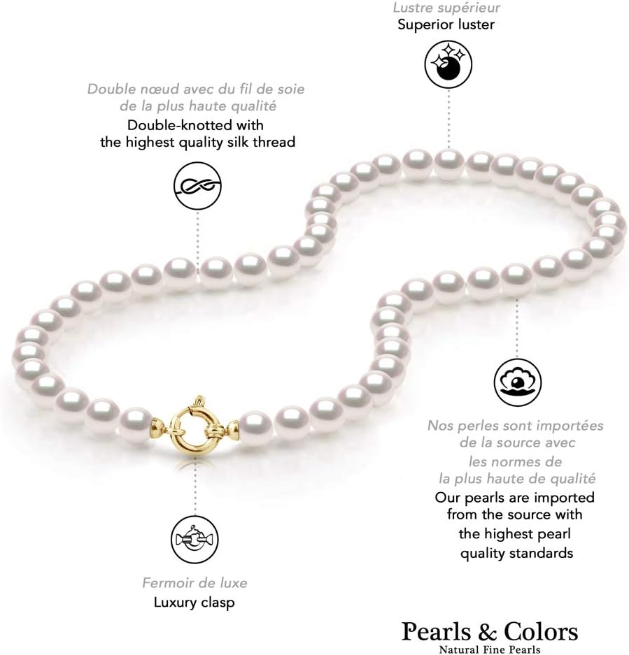 PEARLS & COLORS - Necklace made of Genuine Round AKOYA Cultured Pearls - Certified Japanese Origin - Quality AA+ - 18 Karat Yellow Gold (750) - Safety Chain - Women's Jewelry
