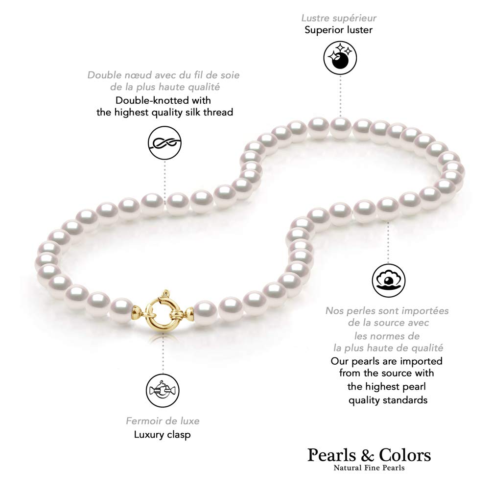 PEARLS & COLORS - Necklace made of Genuine Round AKOYA Cultured Pearls - Certified Japanese Origin - Quality AA+ - 18 Karat Yellow Gold (750) - Safety Chain - Women's Jewelry