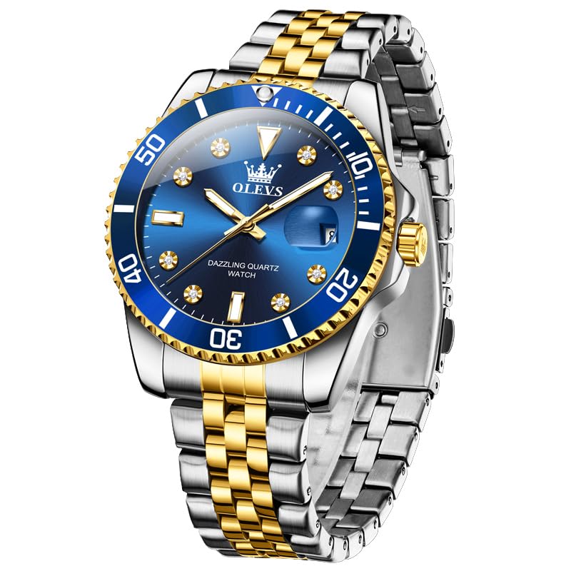 OLEVS Men's Watch Classic Blue Face Luxury Dress Watches for Men Big Dial Gold Silver Stainless Steel Band Analog Quartz Men's Wrist Watch with Rotating Bezel Date Waterproof Mens Watches