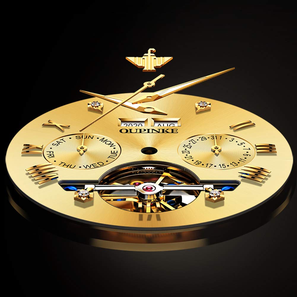 OLEVS Automatic Watch for Men Self Winding Tourbillon Mechanical Business Luxury Gold Face Waterproof Luminous Sapphire Crystal Wrist Watch