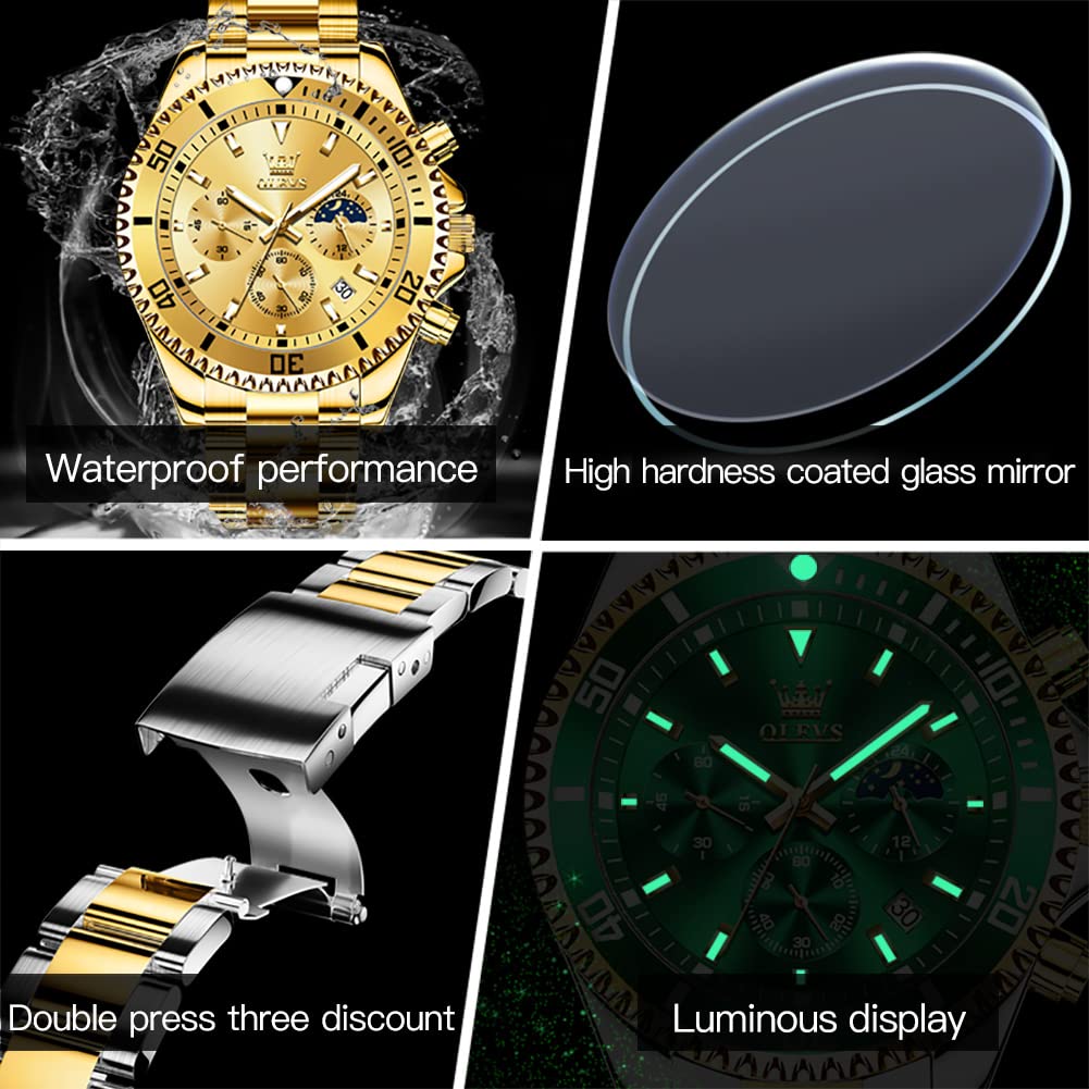 OLEVS Mens Watches Chronograph Luxury Dress Moon Phase Quartz Stainless Steel Waterproof Luminous Business Calendar Wrist Watch