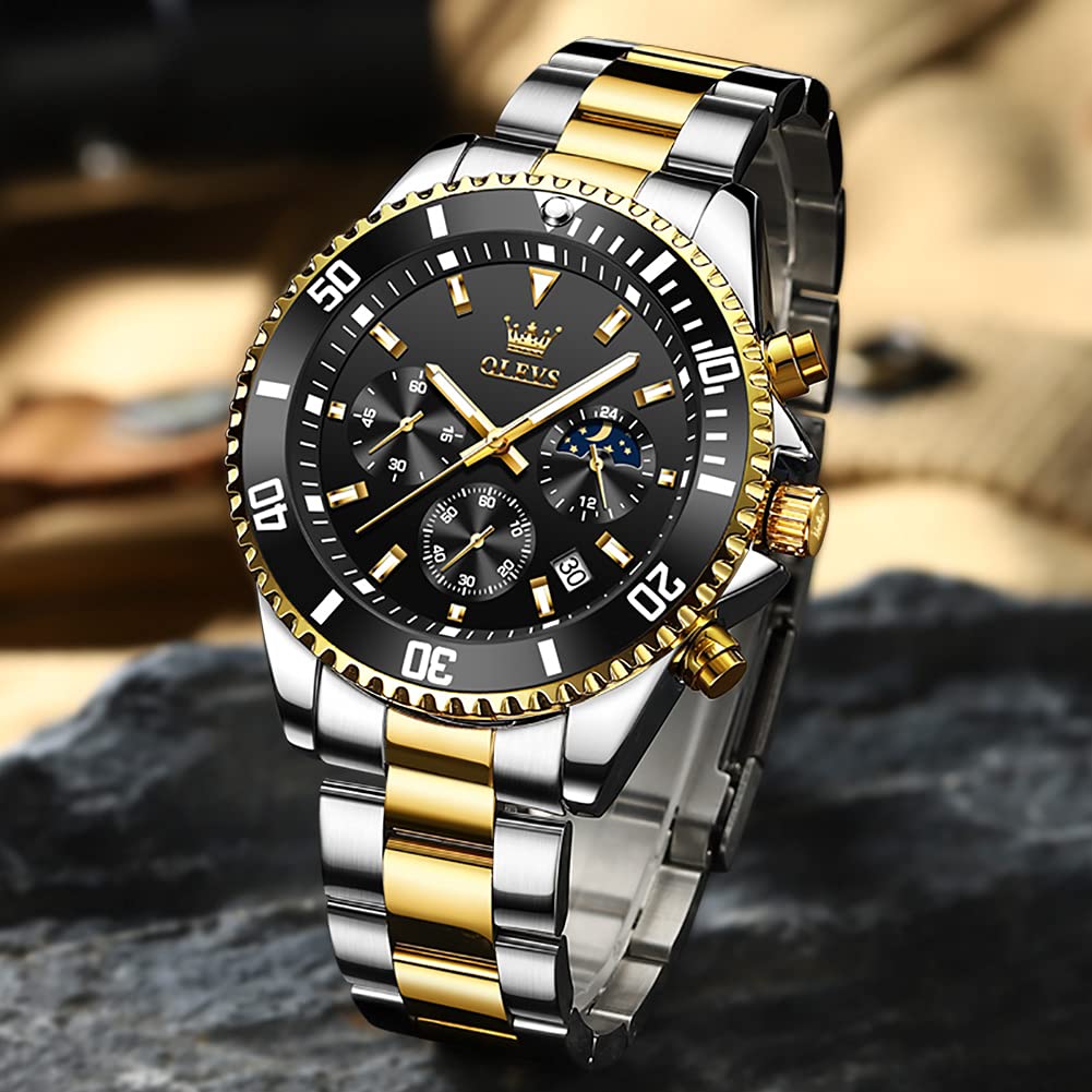 OLEVS Green Dial Watches for Men Fashion Analog Quartz Waterproof Chronograph Gold Silver Stainless Steel Watch Business Classic Luxury Big Face Luminous Multifunction Men Wristwatches (1)