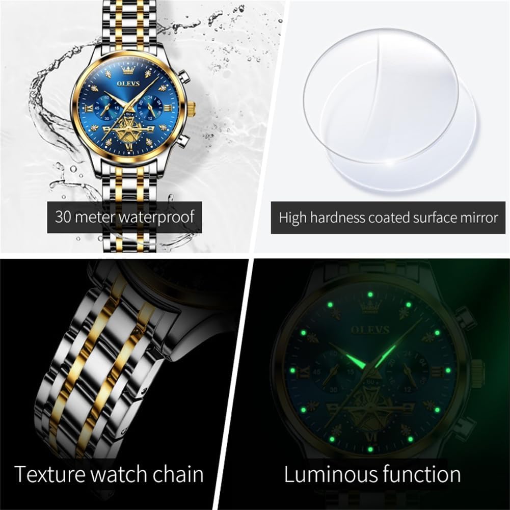 OLEVS Women Quartz Watches Luxury Casual Dress Elegant Wrist Watches Two Tone Stainless Steel Watches with Blue Black White Dial Diamond Waterproof Luminous Ladies Watch