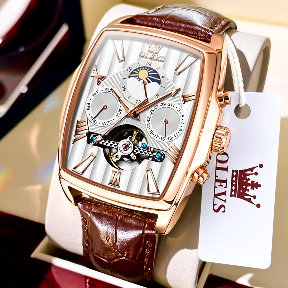 OLEVS Men's Watch Designer Square Luxury Automatic Self Winding Skeleton Brown Breathable Leather Strap Dress Multi-Calendar Waterproof Moon Phase Stylish Suitable Gift