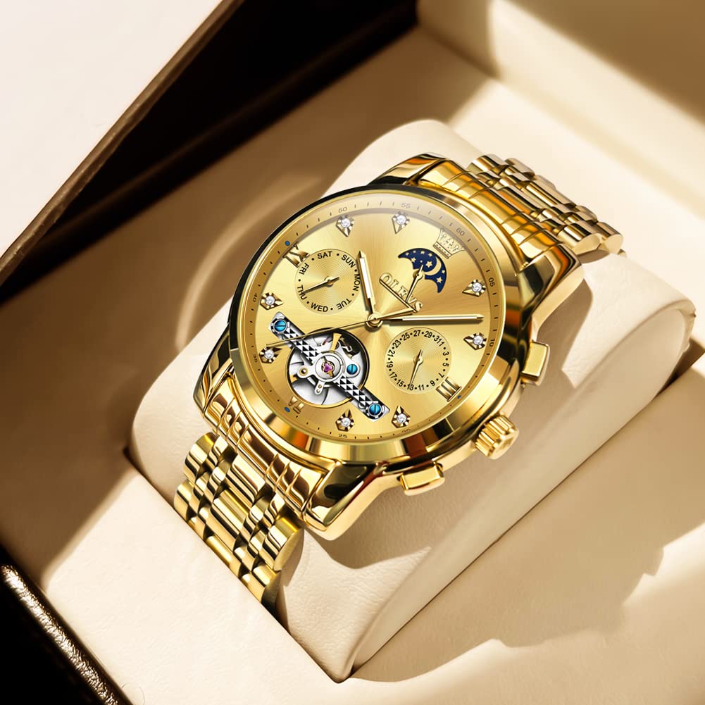 OLEVS Men Automatic Watch Gold Watch Skeleton Luxury Dress Stainless Steel Strap 5 Hands Moon Phase Diamond Men Wrist Watches