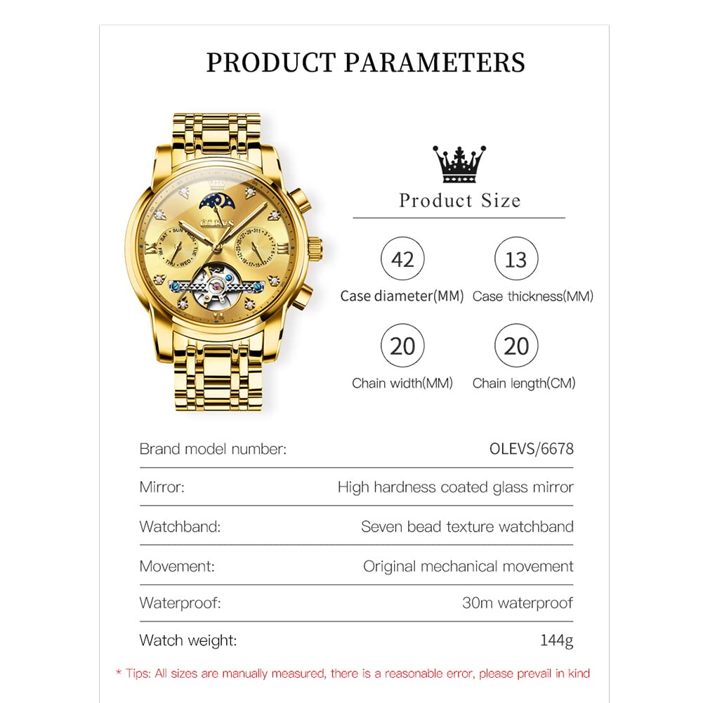OLEVS Men Automatic Watch Gold Watch Skeleton Luxury Dress Stainless Steel Strap 5 Hands Moon Phase Diamond Men Wrist Watches