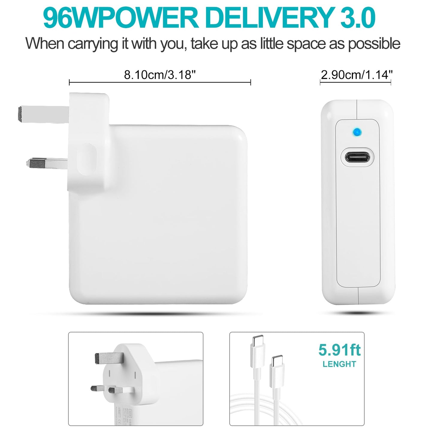 MacBook Pro Charger 96W USB C Faster Charger Block Power Adapter For MacBook Pro Air 13 14 15 16 inch 2024 2023 2022 2021 2020, M1 M2 M3 M4 Laptop New iPad Pro Include Type C Cable
