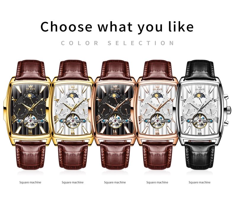 OLEVS Men's Watch Designer Square Luxury Automatic Self Winding Skeleton Brown Breathable Leather Strap Dress Multi-Calendar Waterproof Moon Phase Stylish Suitable Gift