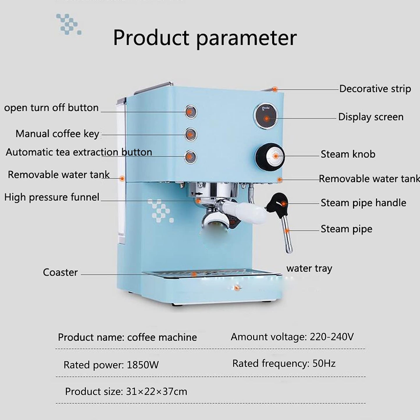 Semi Automatic Espresso Machine, Fresh Tea 2in1 Coffee Machine, 1850W High-Power Instant Boiler, Smart Thermostat, Stainless Steel, Blue