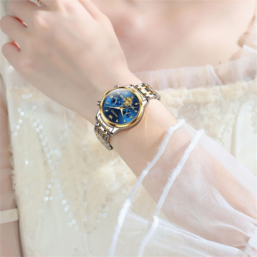 OLEVS Women Quartz Watches Luxury Casual Dress Elegant Wrist Watches Two Tone Stainless Steel Watches with Blue Black White Dial Diamond Waterproof Luminous Ladies Watch