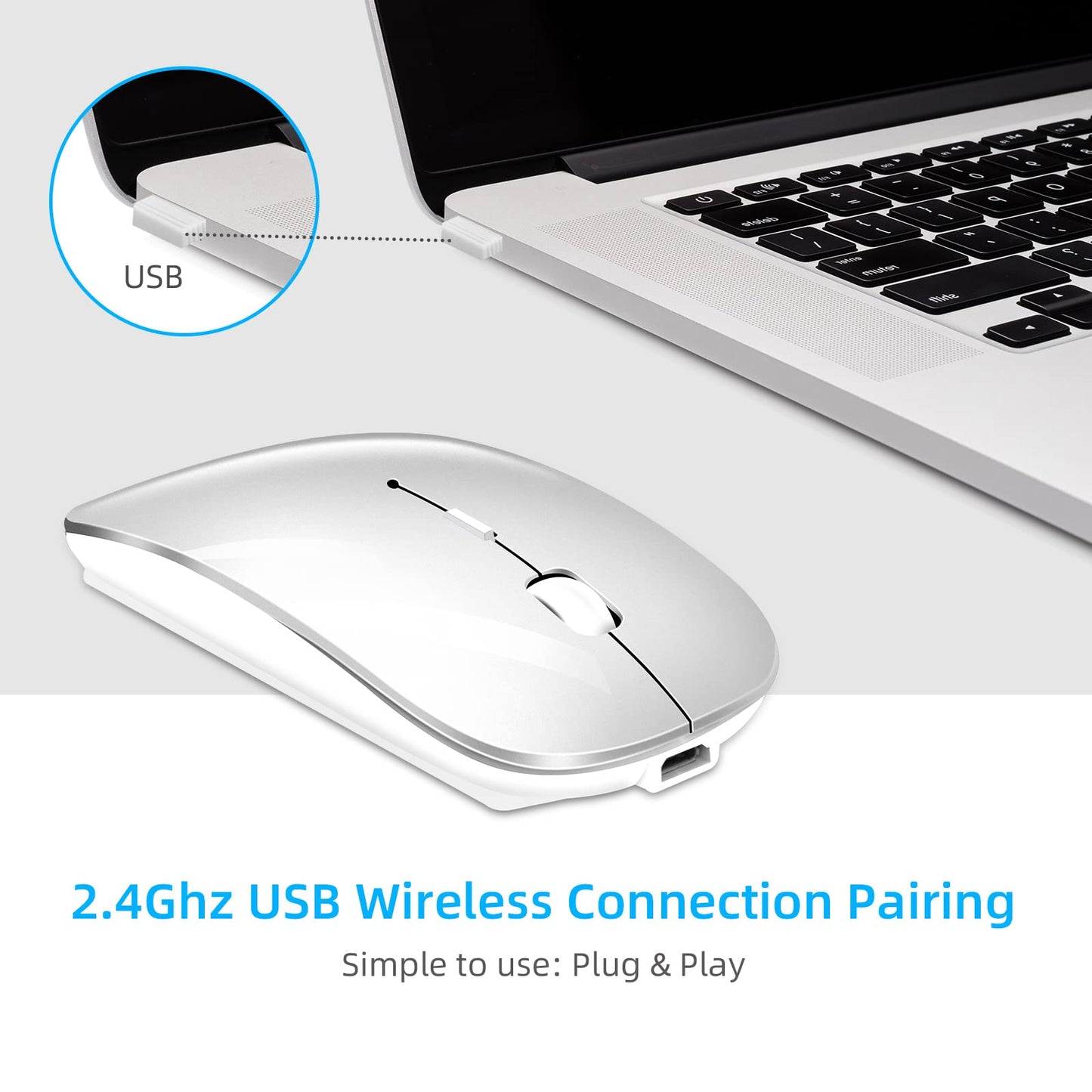 Wireless Mouse 2.4 GHz with USB Receiver for Laptop Computer Rechargeable Wireless Mouse Compatible with Apple MacBook Air/Pro, iPad, Mac, Chromebook, PC, with USB C Adapter (White Silver)