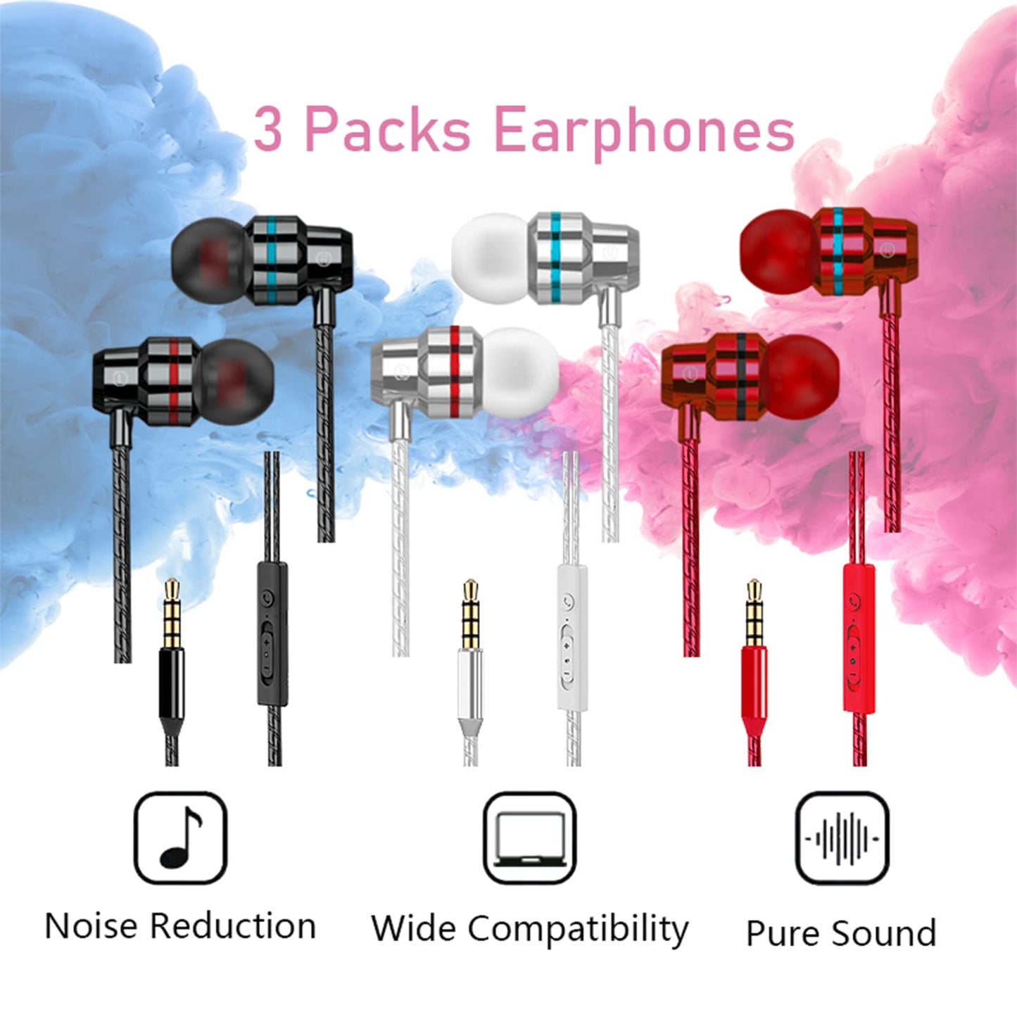 3 Pack In-Ear Headphones, Wired Earphones With Microphone and Volume Control, Noise Isolating and Deep Bass, Lightweight 3.5 mm Earbuds Compatible With iPhone, iPad, Android