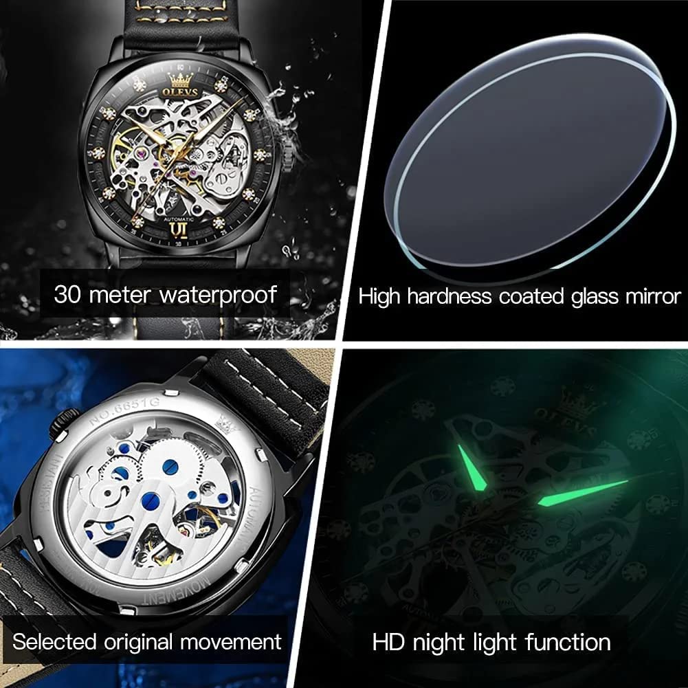 OLEVS Automatic Men Watch Designer Skeleton Self Winding Mechanical Luxury Stylish Leather Strap Luminous Water Proof Wrist Watch