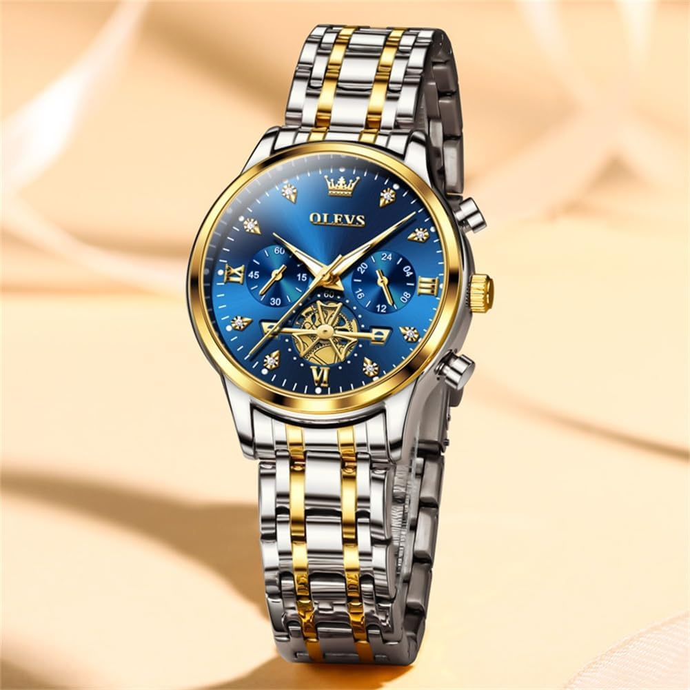 OLEVS Women Quartz Watches Luxury Casual Dress Elegant Wrist Watches Two Tone Stainless Steel Watches with Blue Black White Dial Diamond Waterproof Luminous Ladies Watch
