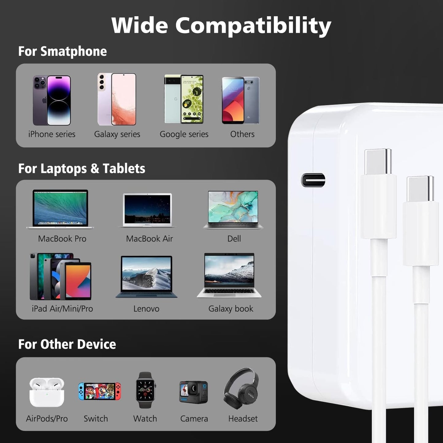 Mac Book Pro charger, 96W Laptop Charger, USB-C Charger Power Adapter for Mac Book Pro 16, 15, 14, 13 Inch, Mac Book Air 13 Inch, iPad Pro 2024/2023/2022/2021/2020/2019, Included 6ft/1.8m USB C to C
