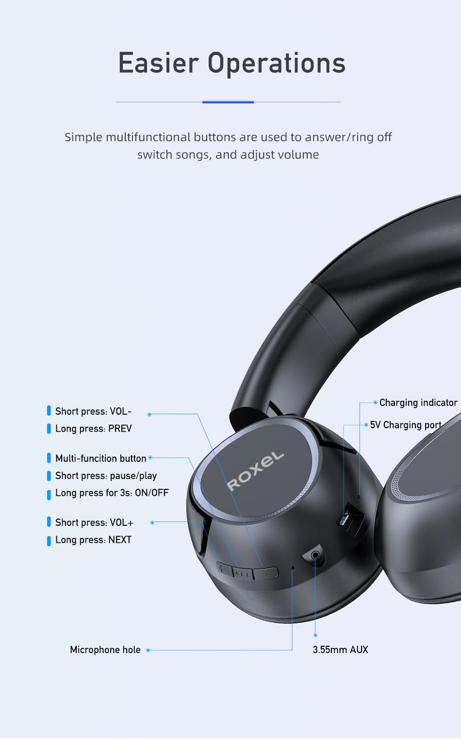 Roxel H700BT Wireless Over Ear Headphones with Microphone, 12 Hours Playtime, 1 Hour Quick Charge, Adjustable Headband, Foldable Lightweight Headset with Deep Bass and Stereo Sound
